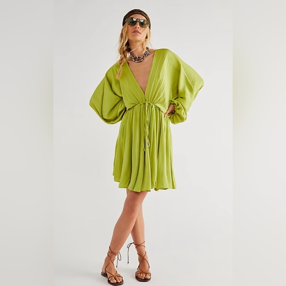 Free People Dresses & Skirts - Free People Arzel Lime Green Plunge Mini Dress